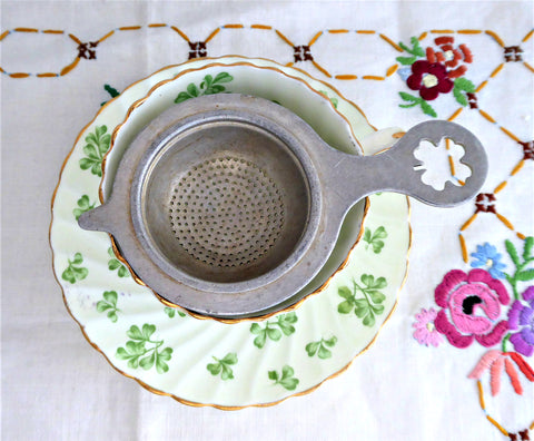 Shamrock Handle 4 Leaf Clover German Tea Strainer Pierced Aluminum 1930s Good Luck
