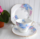 Shelley Phlox Cambridge Teacup Trio Art Deco England 1930s Blue Pink Grey Art Deco