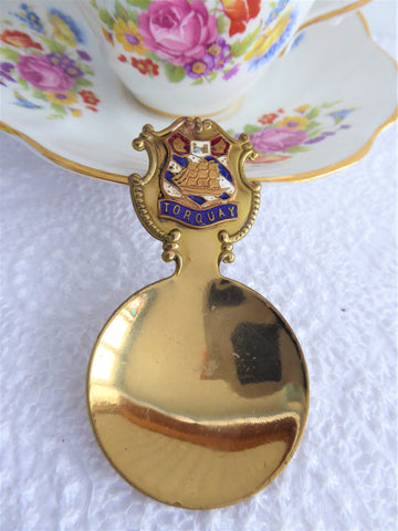 Torquay Tea Caddy Spoon 1930s Souvenir England Tea Scoop Enamel Finial Brass