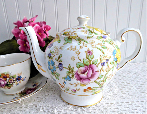 Lovely Floral Teapot Tuscan England 1940s Hand Colored On Transfer