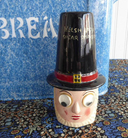 Sugar Shaker Muffineer Welsh Lady Googly Eyes 1930s Figural Sugar Caster