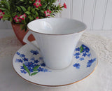 Art Deco Cup And Saucer Blue Forget Me-Nots Red Enamel Accents 1930s