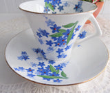 Art Deco Cup And Saucer Blue Forget Me-Nots Red Enamel Accents 1930s