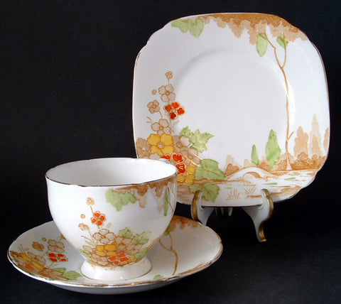 Teacup Trio Art Deco Cup Saucer Plate England Landscape Bridge 1930s Enamel Accents