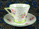 Art Deco Cup And Saucer Phoenix England Forester Lime Green Pink 1930s