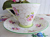 Art Deco Cup And Saucer Phoenix England Forester Lime Green Pink 1930s