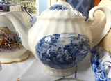 Blue Transferware Hunt Scene Teapot English Ironstone 1930s