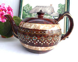 Teapot Brown Betty 2 Tone Rockingham Glaze Large 8 Cup 1930s Hand Painted Enamel Gold