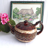 Teapot Brown Betty 2 Tone Rockingham Glaze Large 8 Cup 1930s Hand Painted Enamel Gold