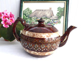 Teapot Brown Betty 2 Tone Rockingham Glaze Large 8 Cup 1930s Hand Painted Enamel Gold