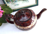 Teapot Brown Betty 2 Tone Rockingham Glaze Large 8 Cup 1930s Hand Painted Enamel Gold
