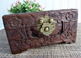 Tea Caddy Hand-Carved Wooden Box Chest Brass Lock 1930s Asian Wood Jewelry Box