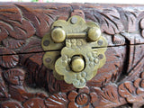 Tea Caddy Hand-Carved Wooden Box Chest Brass Lock 1930s Asian Wood Jewelry Box