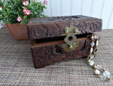 Tea Caddy Hand-Carved Wooden Box Chest Brass Lock 1930s Asian Wood Jewelry Box