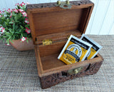 Tea Caddy Hand-Carved Wooden Box Chest Brass Lock 1930s Asian Wood Jewelry Box