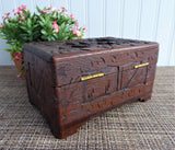 Tea Caddy Hand-Carved Wooden Box Chest Brass Lock 1930s Asian Wood Jewelry Box