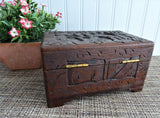 Tea Caddy Hand-Carved Wooden Box Chest Brass Lock 1930s Asian Wood Jewelry Box