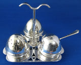 Art Deco Salt Pepper Mustard Tray Set Egg Shape 8 Piece Set 1930s Cobalt Blue Glass EPNS