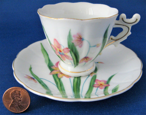 Cup And Saucer Vintage Lilies Demi Japan Fancy Handle Vintage Porcelain Teacup