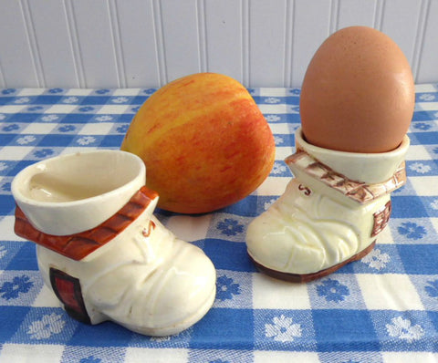 Pair of Egg Cups English Boot House Red Roof Nursery Rhyme 1930s Vintage Old Lady