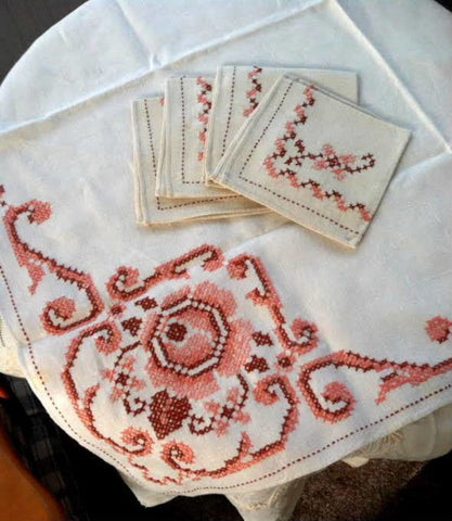 Embroidered Tablecloth And Napkins 1930s Tea Cloth Bridge Cloth Salmon