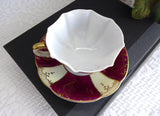 Footed Cup And Saucer Japan Maroon Cream Panels Gold Overlay Hearts 1930s