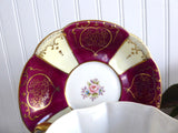 Footed Cup And Saucer Japan Maroon Cream Panels Gold Overlay Hearts 1930s