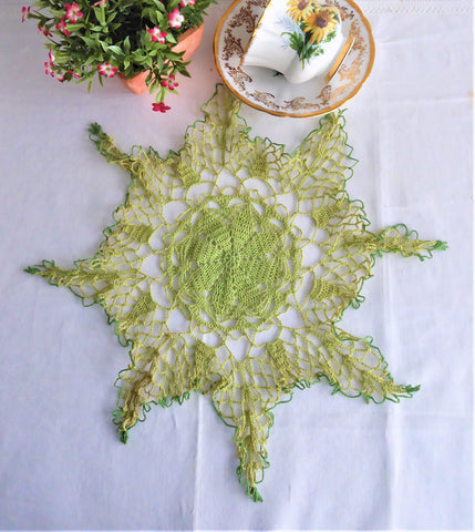 Spidery Lace Green Doily Vintage English Thread Crochet Large Hand Made 1930s