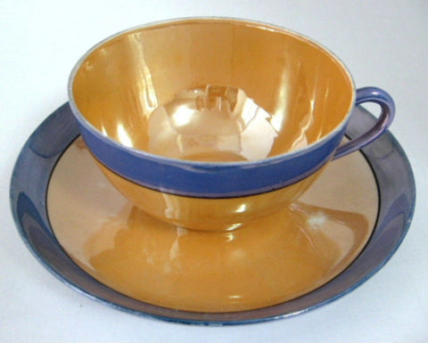 Cup And Saucer Japanese Luster Blue And Gold Iridescent 1930s Meito Vintage