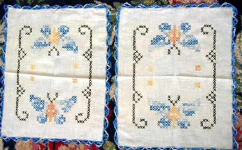 Doily Pair Butterflies Cross Stitch Crochet Picot Edging 1930s Dresser Hand Made