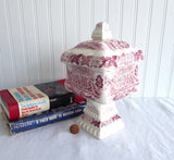 Red Transferware Pedestal Candy Jar With Lid England 1930s Castles Rural Scene Compote