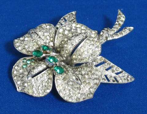 Rhinestone Flower Statement Brooch Pin 1930s Unsigned Staret Lily Faux Emeralds