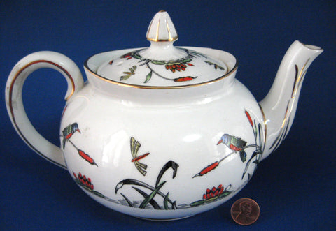 Transferware Teapot Birds Insects Art Deco River Scene Hand Colored Water Lilies 1920s
