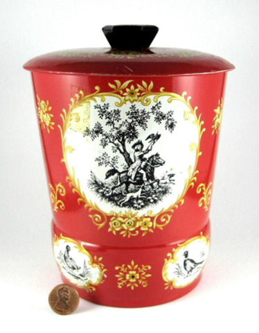 English Tea Tin 1930s Red Hawking Scenes 18th Century Dress Tea Caddy