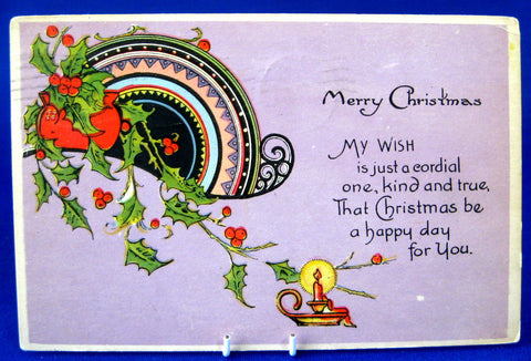 Postcard Merry Christmas Purple Art Deco Candle Poem 1935