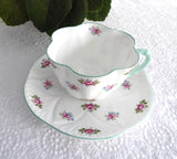 Shelley Teacup And Saucer Rosebud Dainty Shape blue Trim Bone China