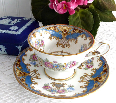 Blue Sheraton Shelley England Cup and Saucer Gainsborough Shape 1950s Pedestal