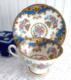 Blue Sheraton Shelley England Cup and Saucer Gainsborough Shape 1950s Pedestal