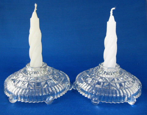 Candleholders Pair Anchor Hocking Stars And Bars 1940s Depression Glass Tea Table Buffet