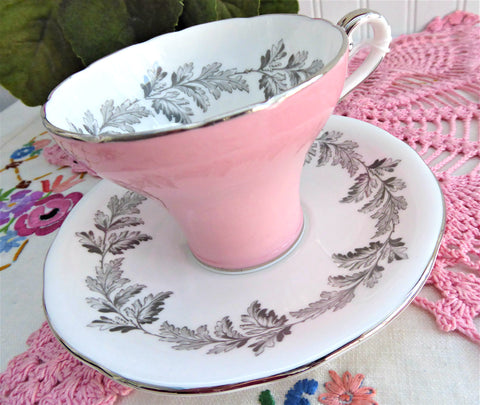 Aynsley Pink Corset Cup And Saucer Platinum Leaves 1940s Bone China Tea Party
