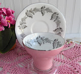 Aynsley Pink Corset Cup And Saucer Platinum Leaves 1940s Bone China Tea Party