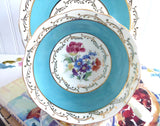 Turquoise Cup And Saucer Aynsley Gold Overlay Floral Bouquet 1940s