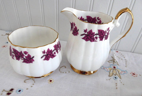 Cream And Sugar Purple Leaves Clare England 1950s Sugar and Creamer Bone China