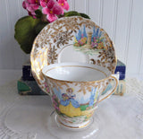 Crinoline Lady Art Deco Cup and Saucer Colclough Gold Chintz English Garden 1940s