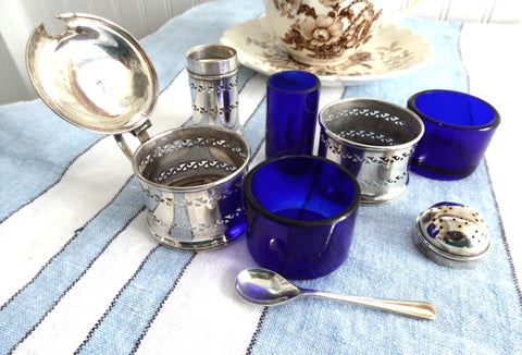 English Hallmarked 1940s Salt Pepper Mustard Spoon 7 Piece Set Cobalt Blue Glass Liners Suckling Ltd