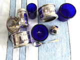 English Hallmarked 1940s Salt Pepper Mustard Spoon 7 Piece Set Cobalt Blue Glass Liners Suckling Ltd