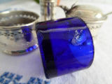 English Hallmarked 1940s Salt Pepper Mustard Spoon 7 Piece Set Cobalt Blue Glass Liners Suckling Ltd