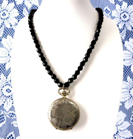 Elgin Pocket Watch Pendant Necklace Black French Jet Faceted Beads 1940s Elegant