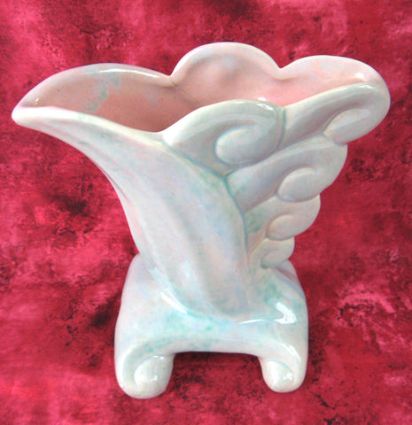 Art Pottery Vase Gonder Scroll Flat Wave Iridescent Aqua Pink 1940s Retro