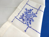 Guest Towel Pair Hand Embroidered Cross Stitch Blue And White Floral 1940s